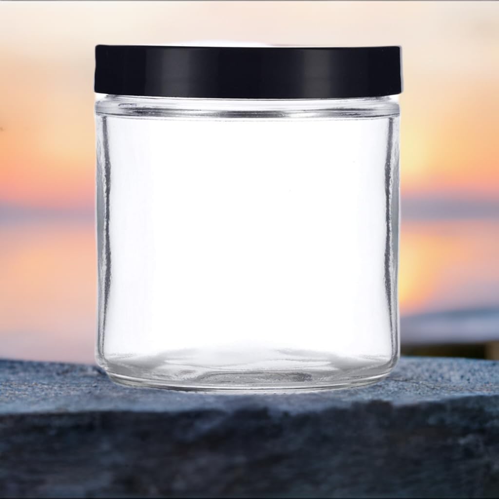 4 Oz / 120 Ml Clear Thick Glass Jar With Black Smooth Lids (12 Pack) + Small Glass Balm Jar