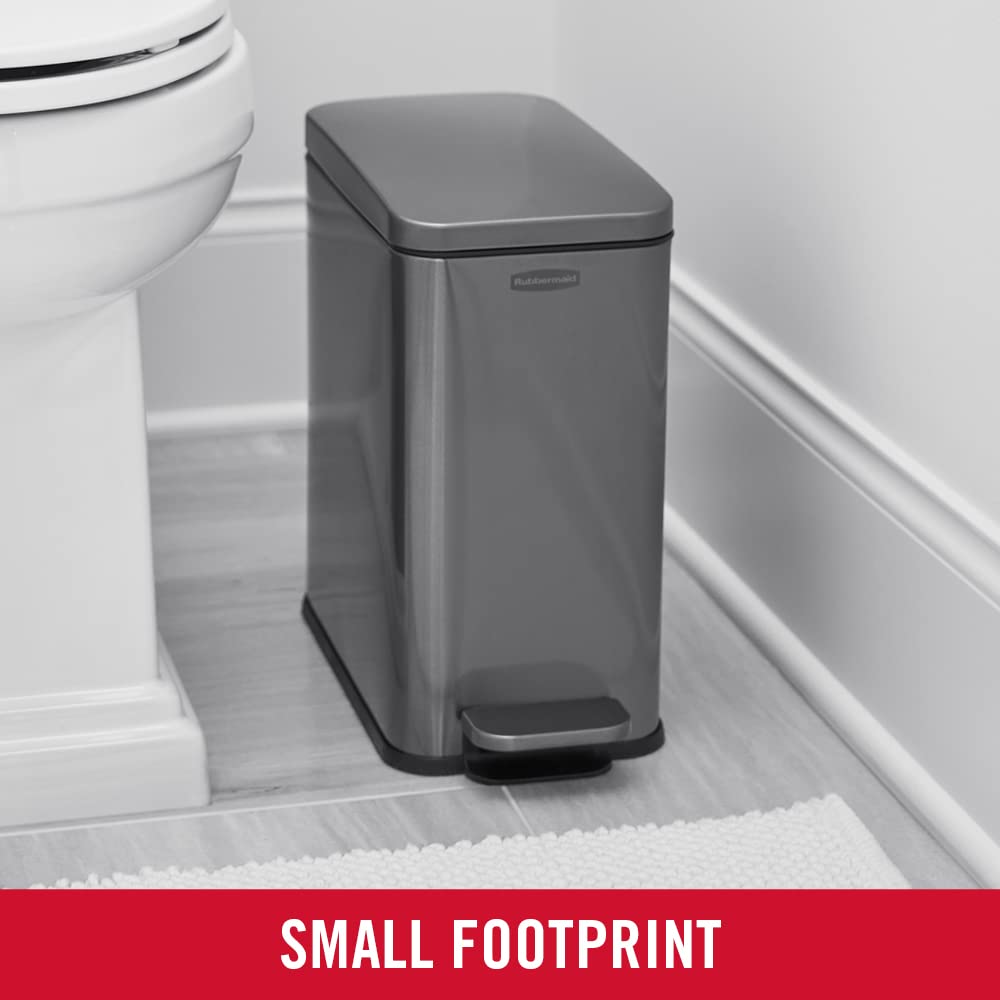 Rubbermaid Stainless Steel Slim Step-On Trash Can, 2.6-Gallon, Charcoal, Wastebasket With Lid For Home/Bathroom/Kitchen