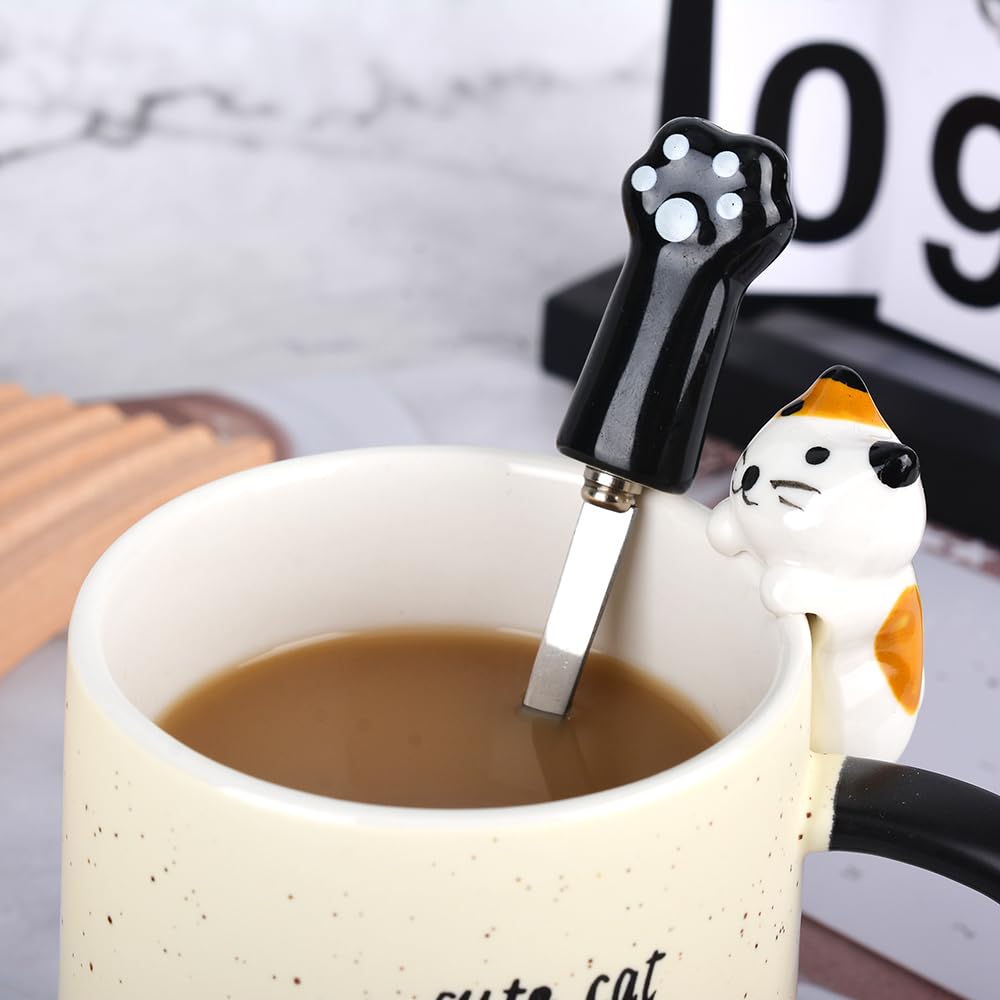 Ceramic Coffee mug,Cute Cat Handmade Tea Cups, with Lid and Stainless Steel Spoon,Unique Hot chocolate Novelty mugs, Christmas,