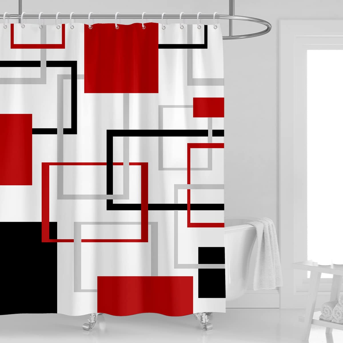 Kikiry Red Black Shower Curtain 60''W X 72''L Abstract White Grey Gray Geometric Cross Checkered Modern Geometry Minimalist Neut