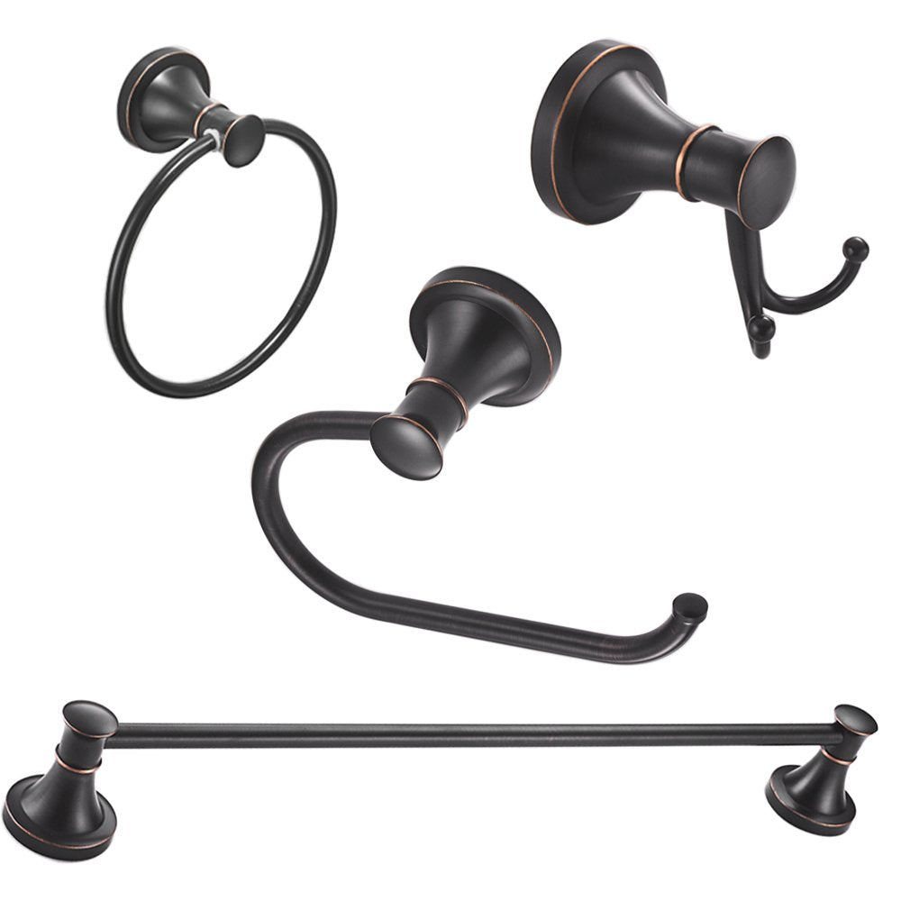 Besy Oil Rubbed Bronze 4 Piece Bathroom Accessories Set (Single Towel Bar, Towel Ring, Toilet Paper Holder, Double Towel Hooks),