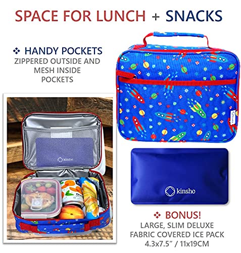 kinsho Lunch Box with Water Bottle and Ice Pack Set  Kids Lunch-Bag Set for Toddler Daycare or School  Boys Container for Lunches  Blue Space Rocket
