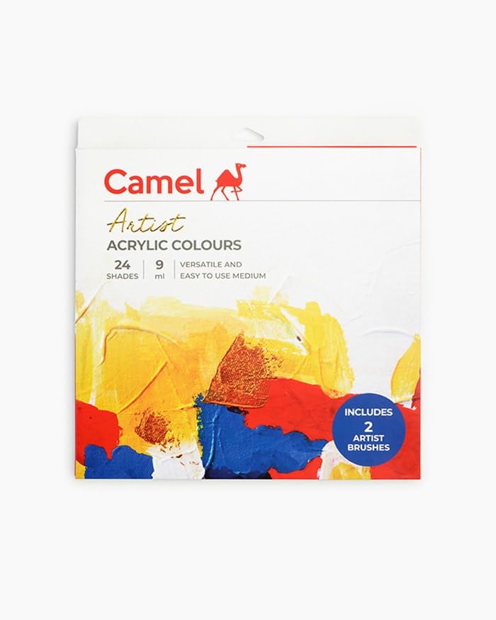 Camel Artist Acrylic Colours Set | 24 Shades  9Ml Each | Rich Pigment, Smooth Finish | Ideal For Canvas, Paper, Wood & Craft Wor