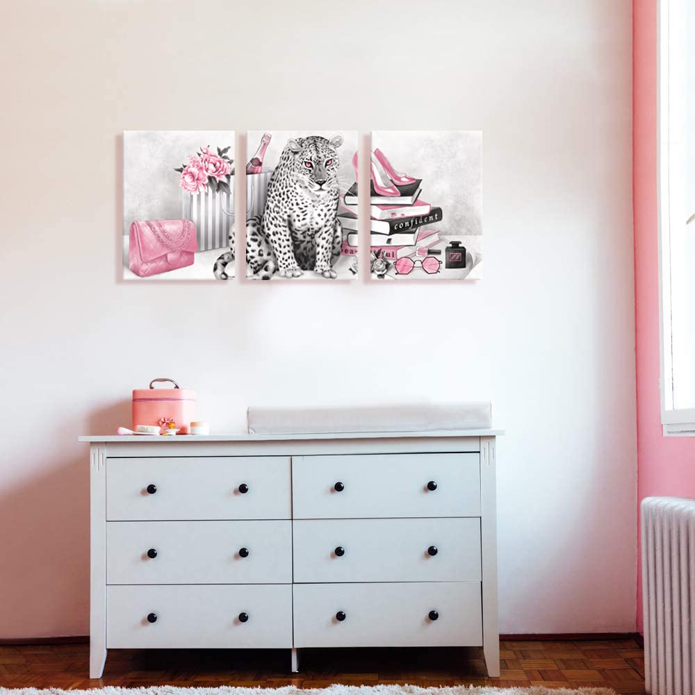 Visual Art Decor Glam Fashion Picture Pink Blush Wall Art Leopard Books High Heel Shoes Perfume Canvas Prints For Modern Home Of