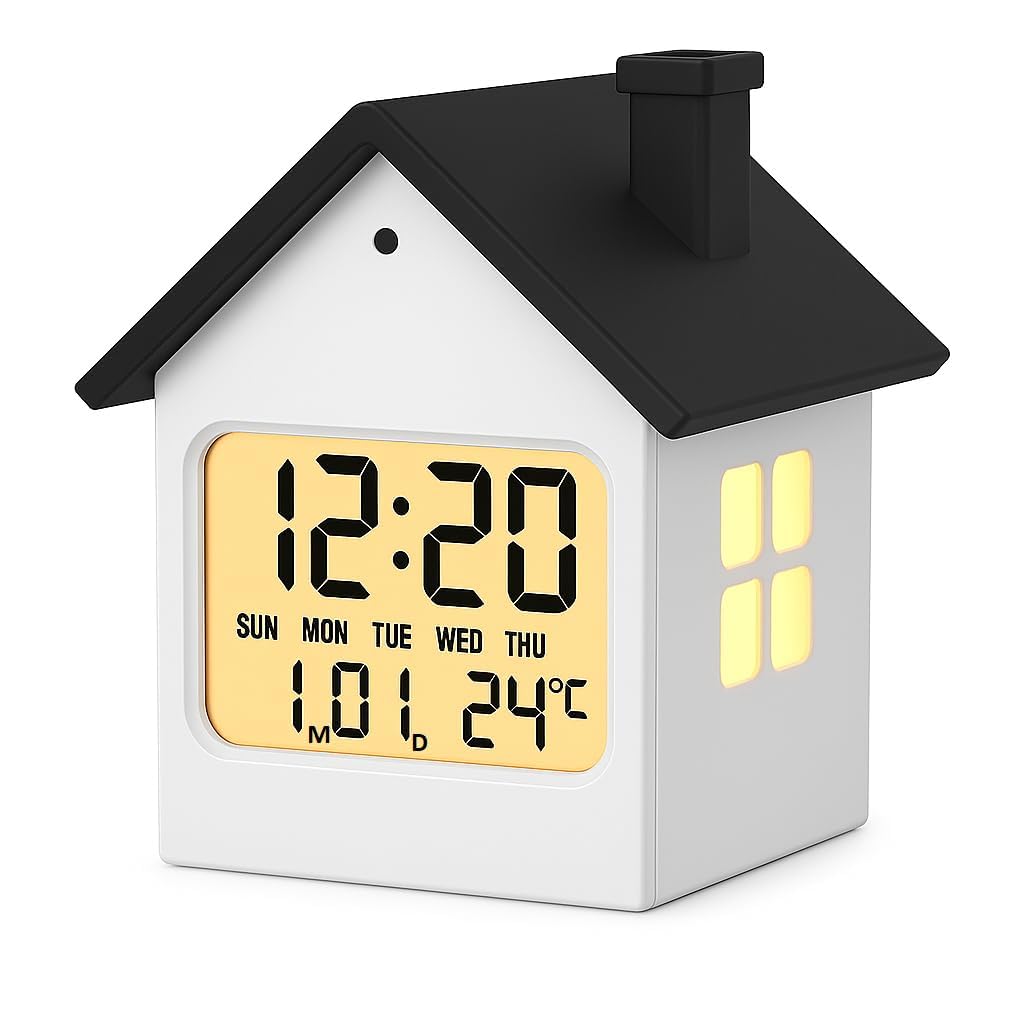 Home Skill  House-Shaped Digital Alarm Clock With Week,Date,Days-Month,Temperature Display,Compact Desk Table Clock For Students