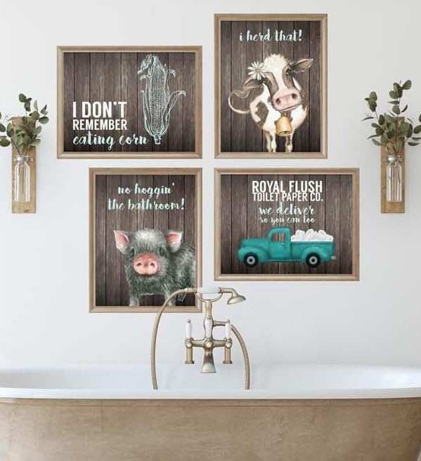 I Herd That! - Funny Farmhouse Bathroom Themed Decor Art Farm Rustic Wood Style Wall Prints Set Cow Pig Poster Signs Typography Cute Rules Toilet Paper Truck