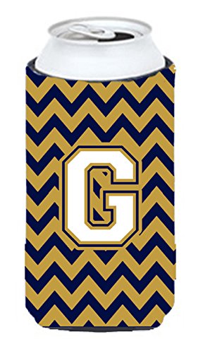 Letter G Chevron Navy Blue and Gold Tall Boy Beverage Insulator Hugger CJ1057-GTBC