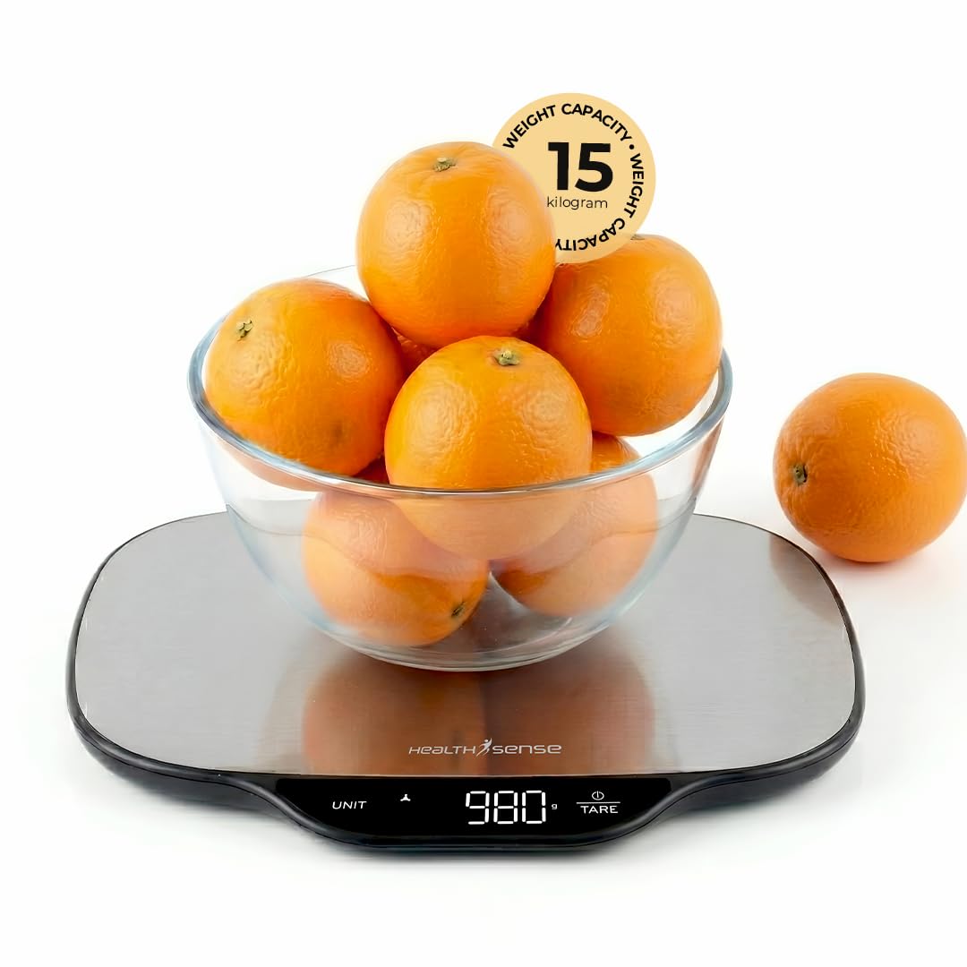 Healthsense Weighing Machine For Food | Digital Kitchen Weight Scale With 15 Kg Capacity, Stainless Steel Platform, 1 G Accuracy