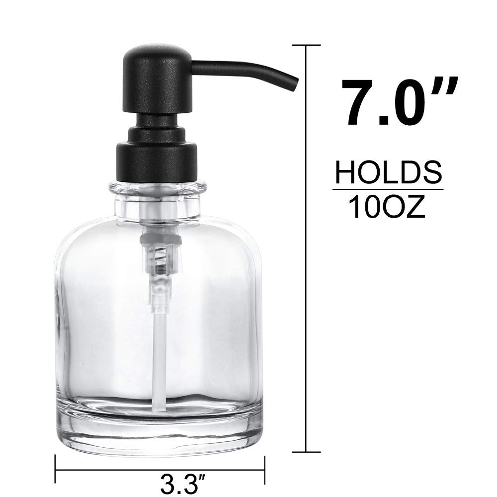Thick Clear Glass Jar Hand Soap Dispenser Bathroom With Matte Black Stainless Steel Pump, 12Ounce Clear Boston Round Bottle Disp