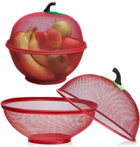 Apple Shaped Fruit Basket With Lid Cover Metal Wire Container For Kitchen Food Vegetable Storage Holder Mesh Bowl Strainer Cover