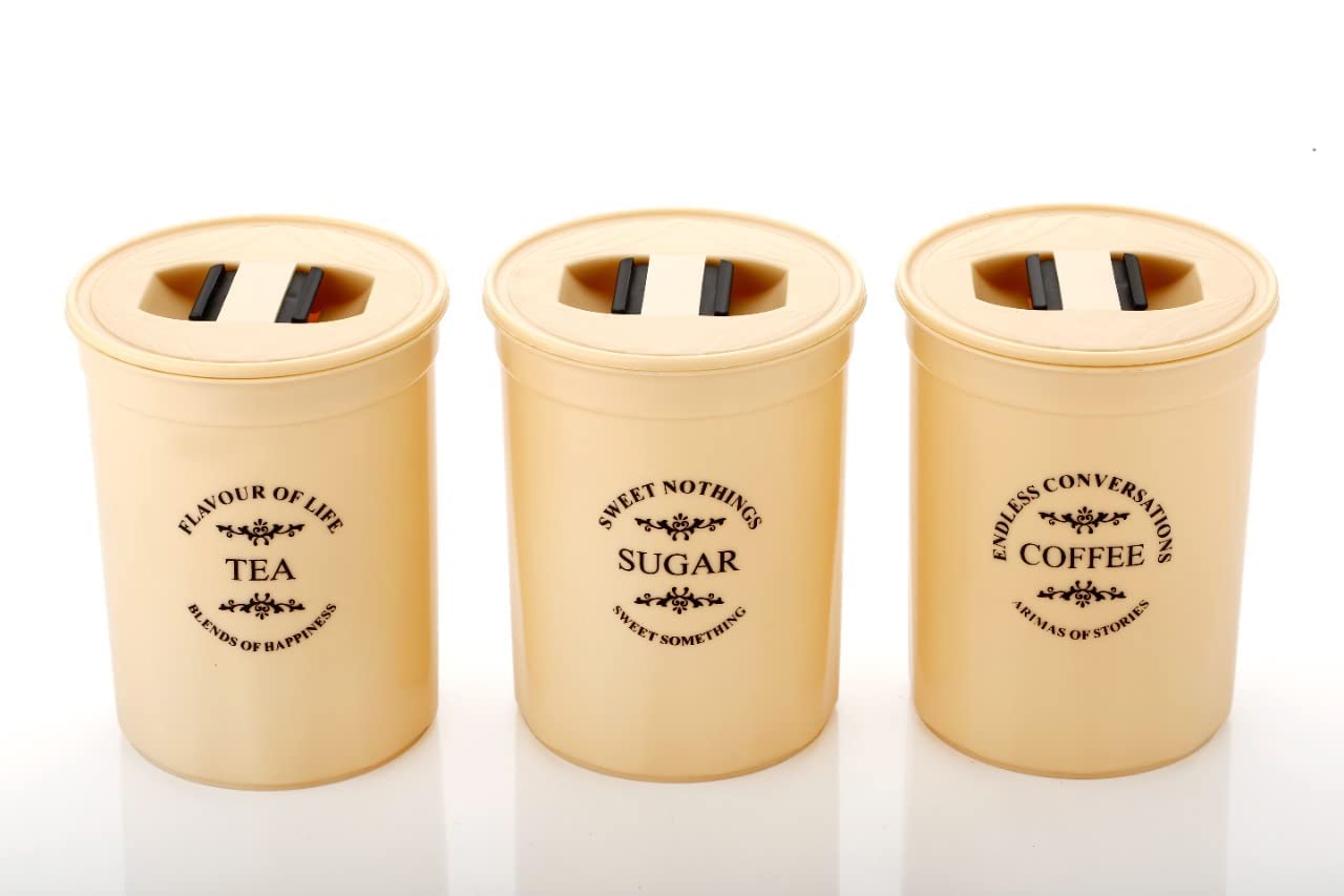 Mantra Crteation Plastic Kitchen Coated & Printed Damru Shape Tea Coffee Sugar Canisters|Jar(Set Of 3),900Ml (Brown) (Brown)