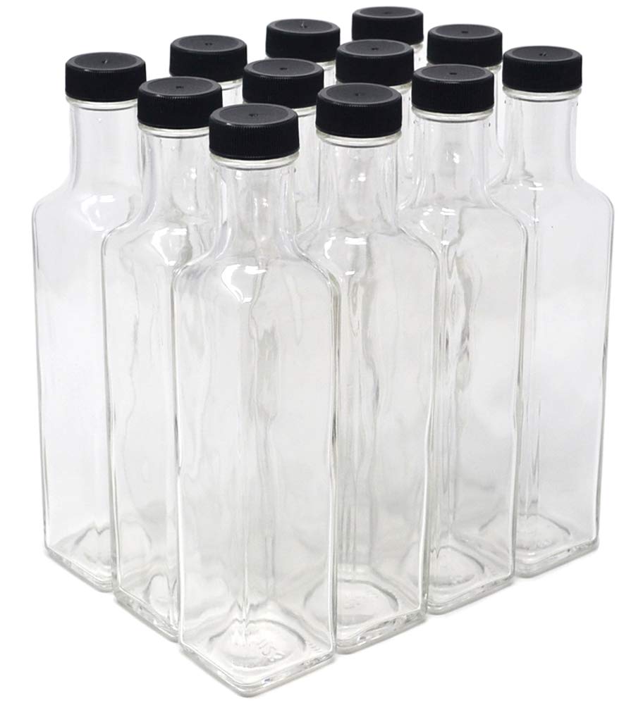 Nicebottles - Clear Glass Quadra Bottles, 250Ml, Black Caps (8.5 Fl Oz) - Case Of 12