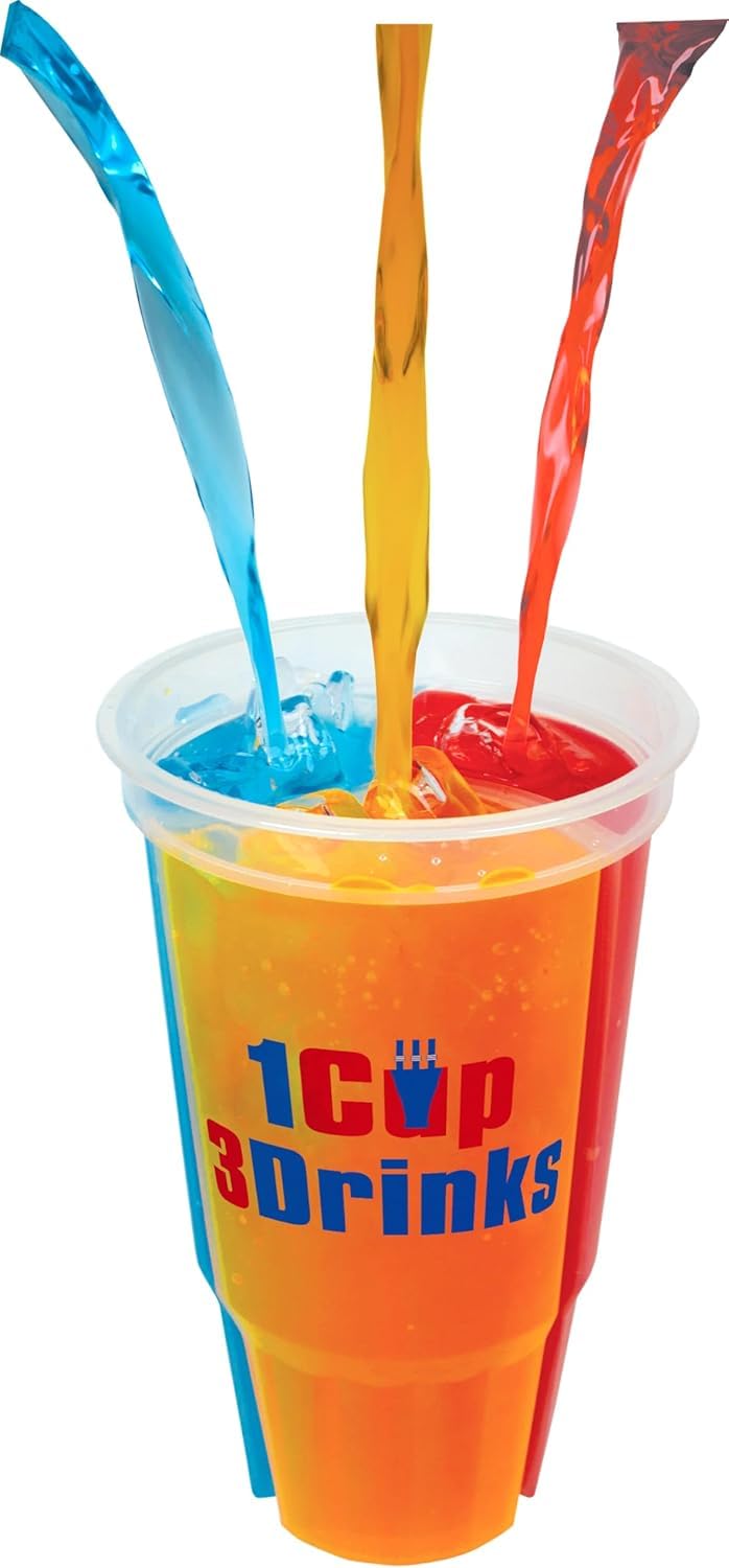 WESCUP  Worlds First Ever 3Compartment Reusable Souvenir Drinking Cup with 3 Straws for Hot and Cold drinks, BPA free, Dishwa