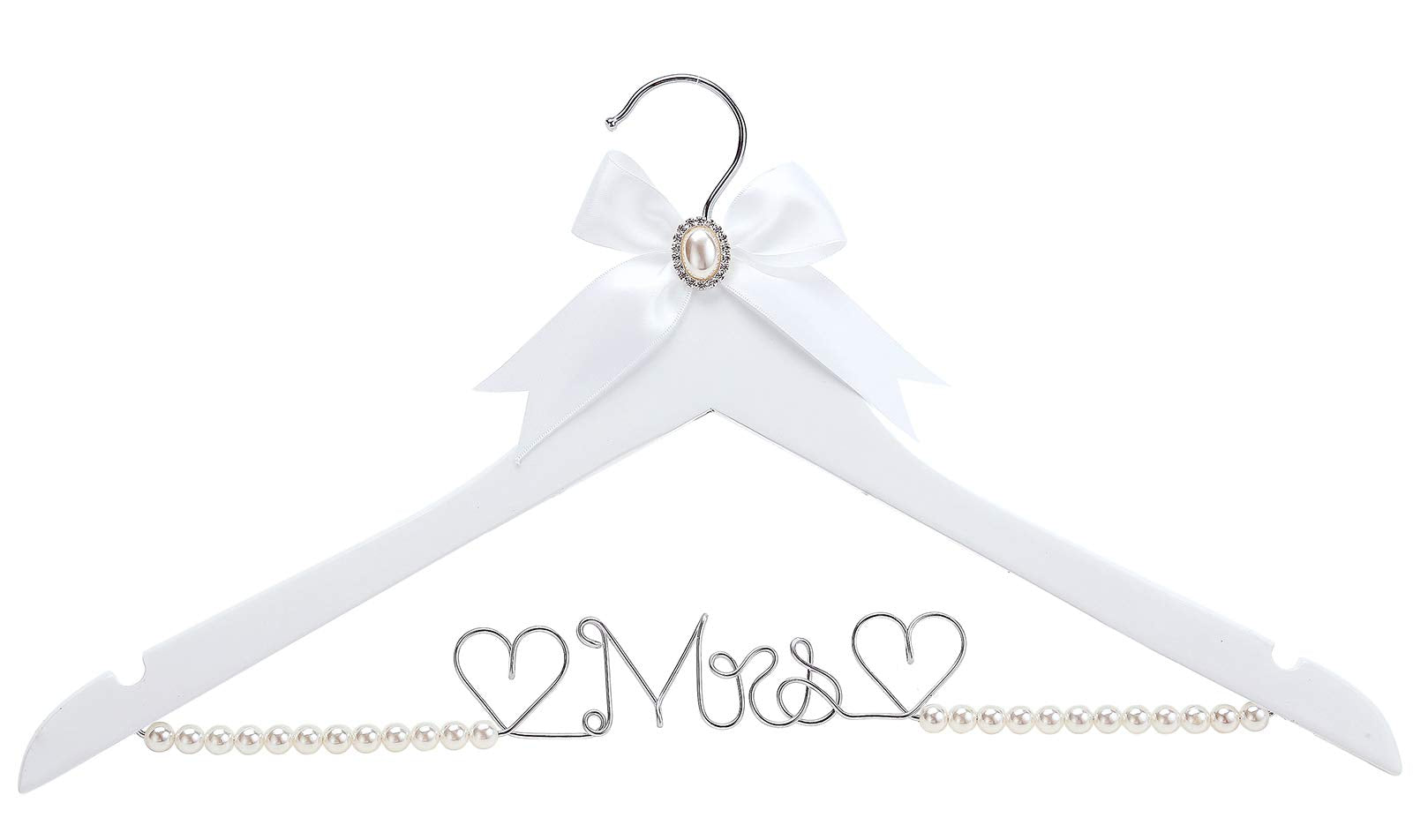 Huidian White Solid Wood Bridal Dress Hanger With Lady Wire Lettering For Bridal Wedding Party Gift (Pearl Silver Thread And Whi