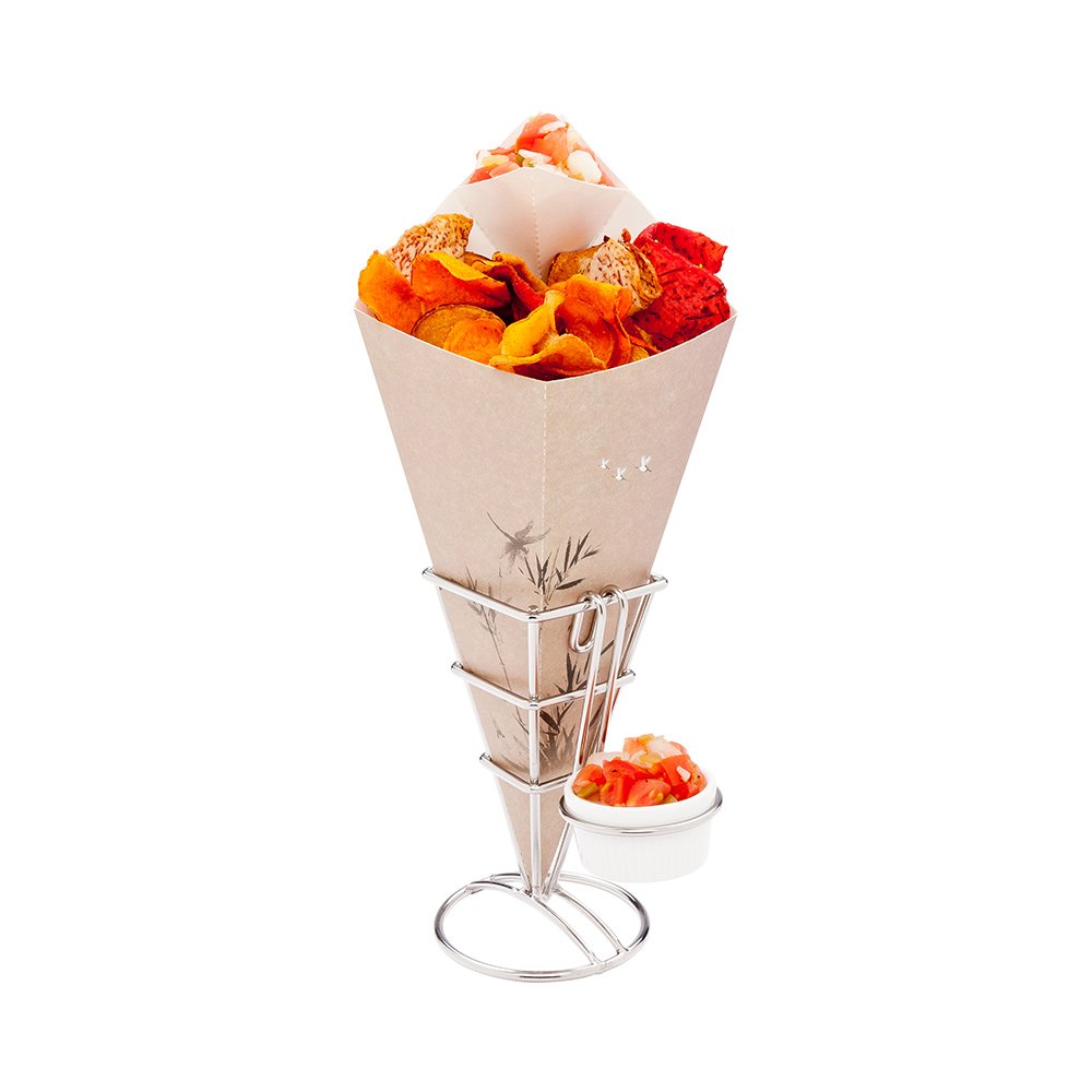 Restaurantware 2.5 X 5 Inch French Fries Stand 1 Fry Stand - With 1 Sauce Holder Dishwashable Silver Stainless Steel Cone Holder