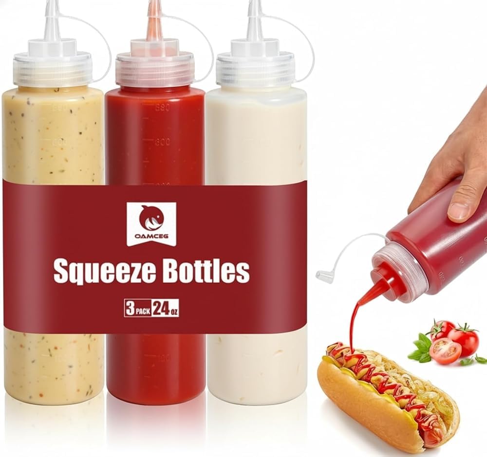 OAMCEG 3 Pack Ketchup Squeeze Bottles - 24 OZ Plastic Condiment Squeeze Squirt Bottles and Caps with Discrete Measurements, for 