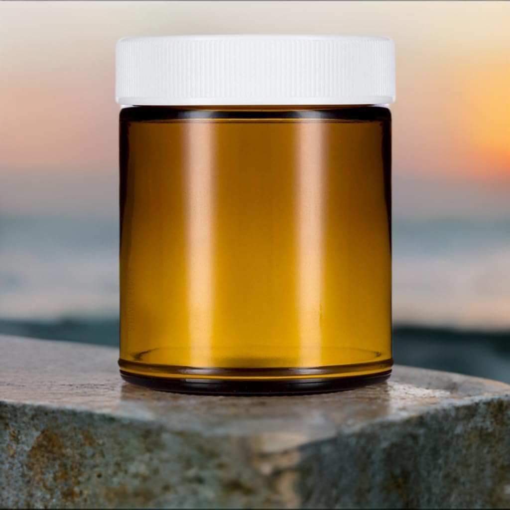 9 Oz Amber Glass Jar With White Ribbed Lid (4 Pack) + Label