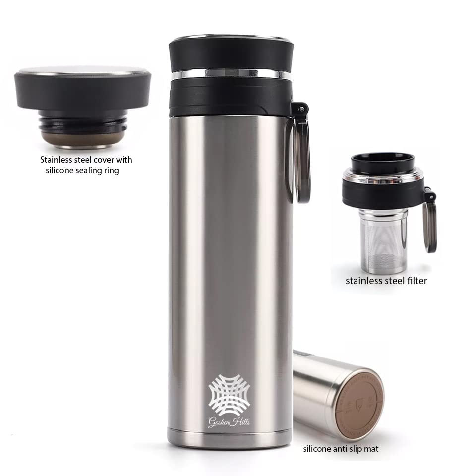 Stainless Steel Insulated Double Wall Leak Proof Tumbler Vacuum Flask With Flavor Infuser Bpa Free 17.5 Oz (Silver)