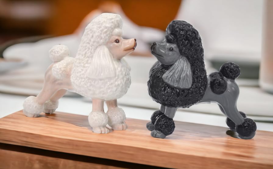 Fine Porcelain Black And White Poodle Dogs Salt & Pepper Shakers Set, 3-7/8'' H