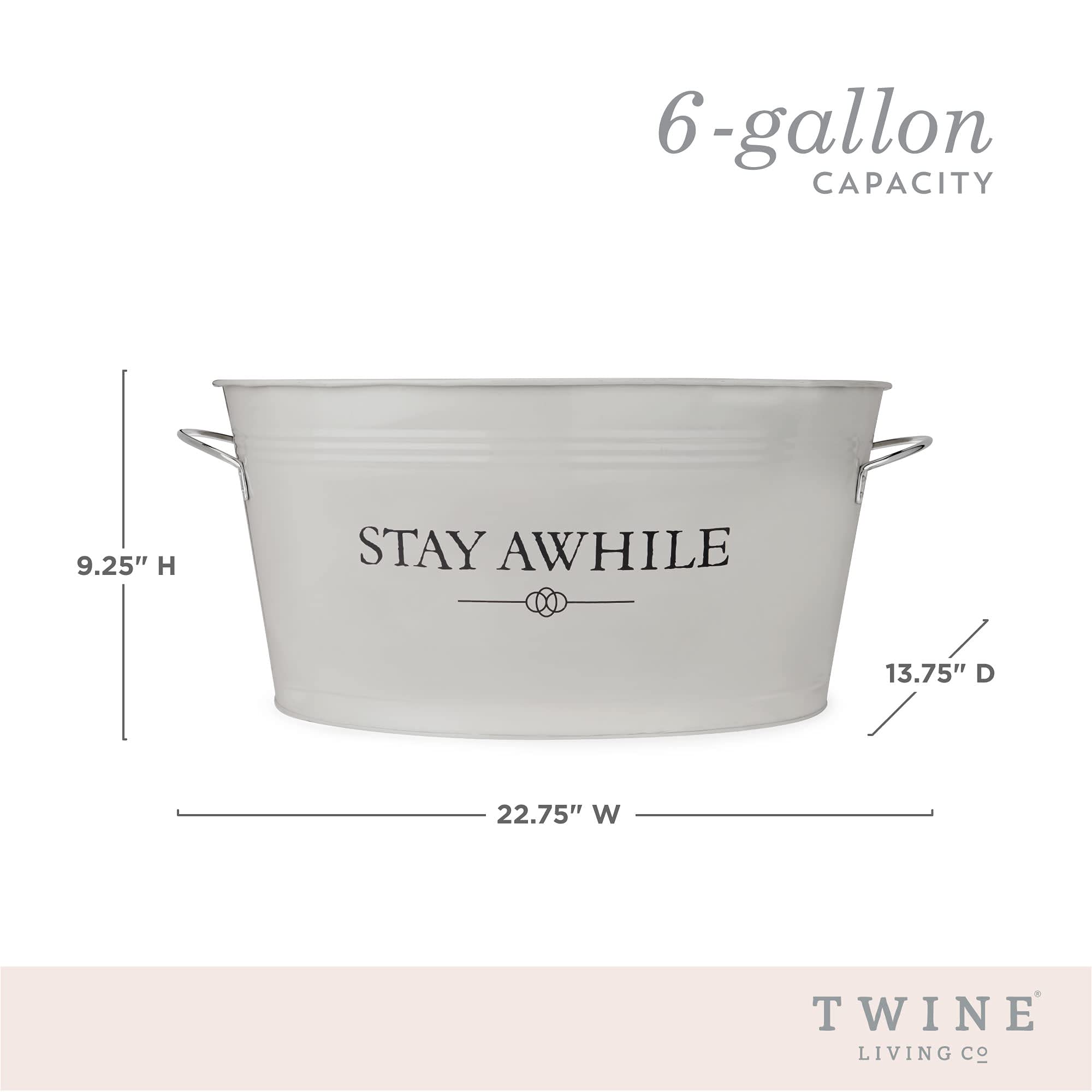 Twine Stay Awhile White Painted Galvanized Ice Bucket & Metal Tub - Beverage Ice Barrel Tub For Parties In 6.3-Gallon Capacity