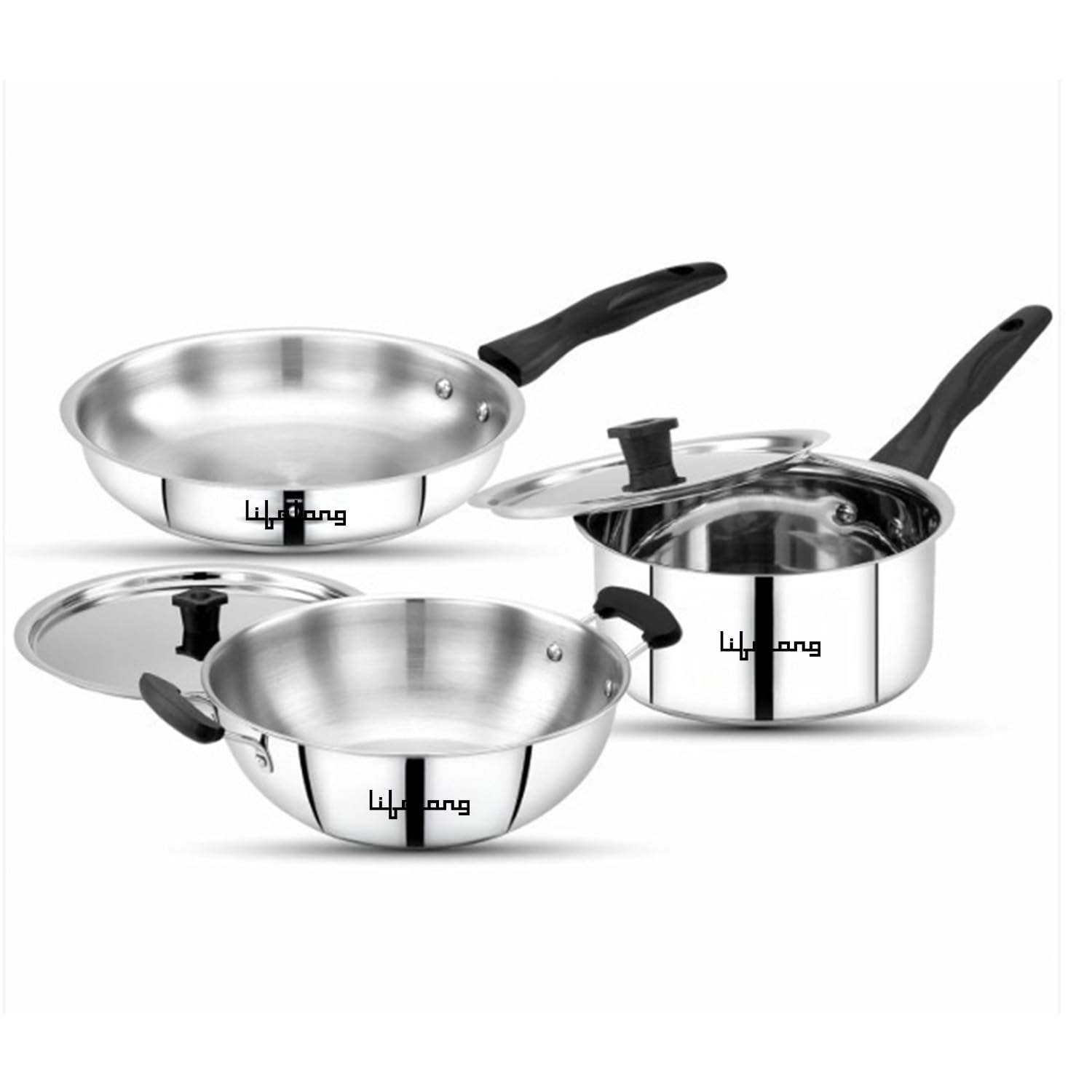 Lifelong 5 Piece Stainless Steel Cookware Set | 2.2L Kadhai With Lid 22Cm | 1.4L Fry Pan 22Cm | 1.2L Saucepan 16Cm | Comes With 