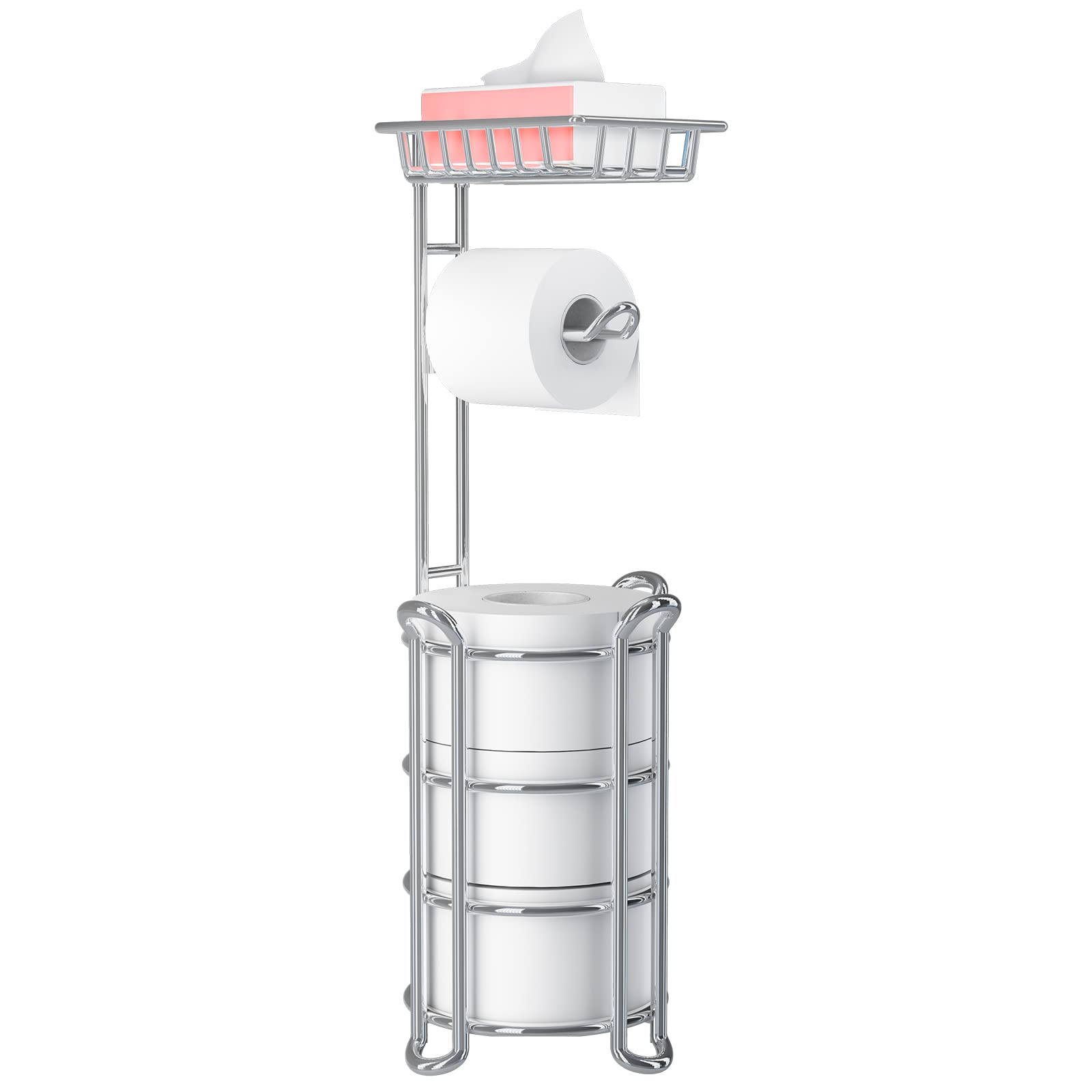 Toilet Paper Holder Stand With Shelf For Phone, Bathroom Free Standing Tissue Roll Storage Rack With Dispenser For 4 Mega Rolls,