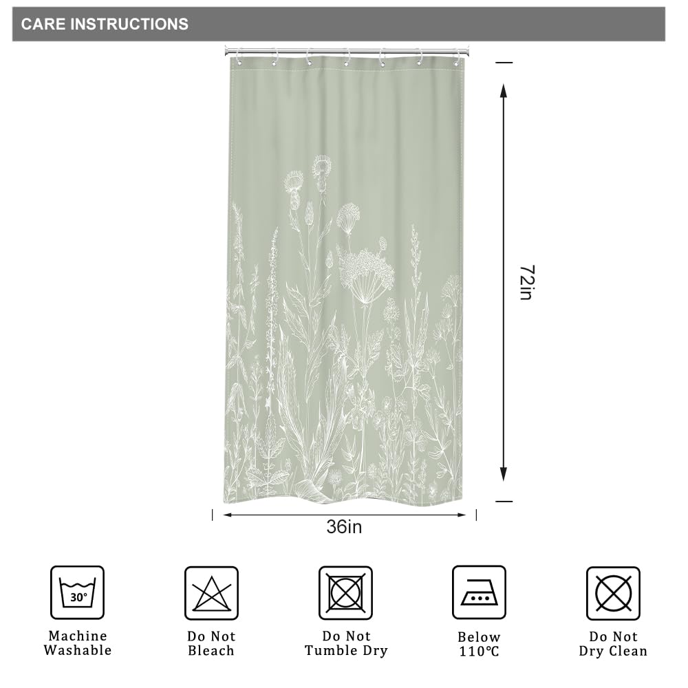 Riyidecor Sage Green Floral Wildflower Shower Curtain For Bathroom Decor 36Wx72H Nature Wildflower Botanical Herbs Country Sprin