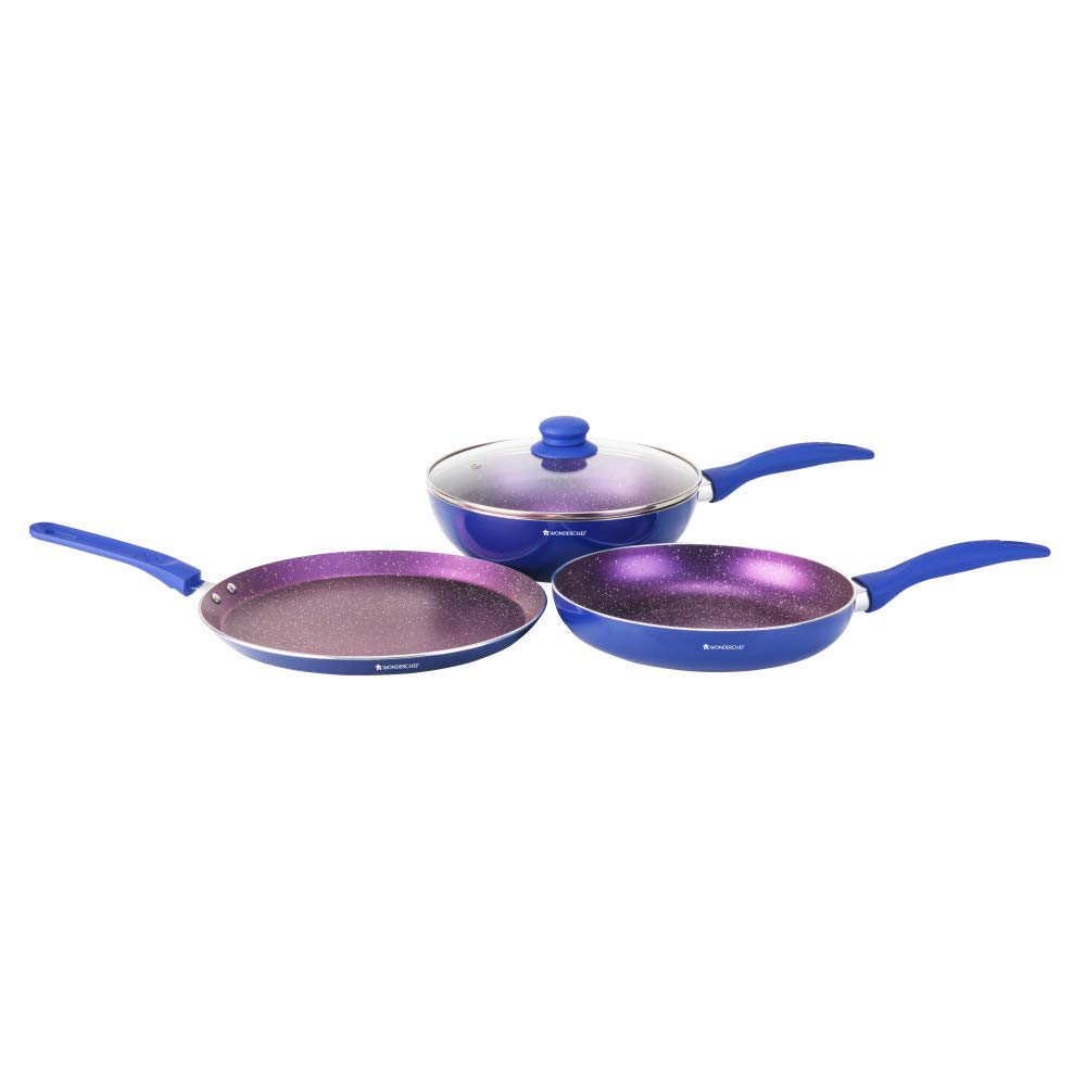 Wonderchef Blueberry Aluminium NonStick Cookware 4 Piece Set | Fry Pan, Dosa Tava And Wok With Lid | Pfoa And Heavy Metals Free