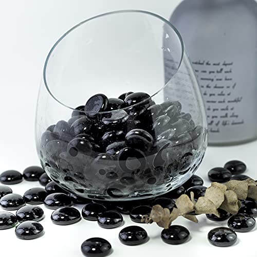 HappyFiller 5 LB Black Glass Gems Pebble Stones with 2 Pcs Large Printed Flat Marbles for Vase Filler Decor,Table Scatter,Fire P