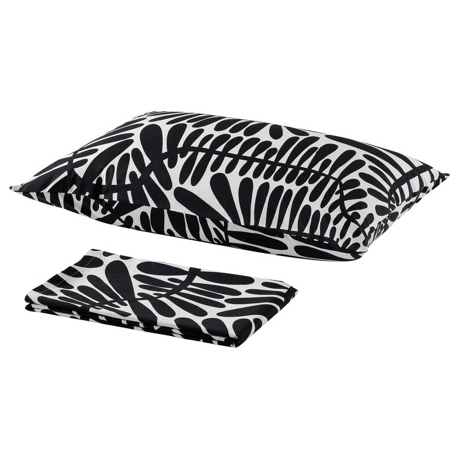 Stork Majsmott Flat Sheet And Pillowcase Set, Cotton/Viscose Blend, Leaf Pattern, OffWhite, 152 Thread Count (White/Black, 150X