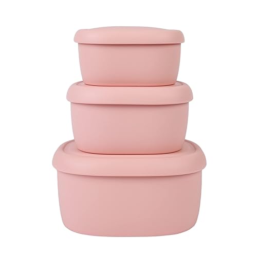 BLUE GINKGO Nesting Silicone Containers - Set of 3 Hard-Shell Silicone Food Storage Containers | BPA Free  Airtight  Dishwasher and Freezer Safe (6.7oz  10oz  20oz) - Pink