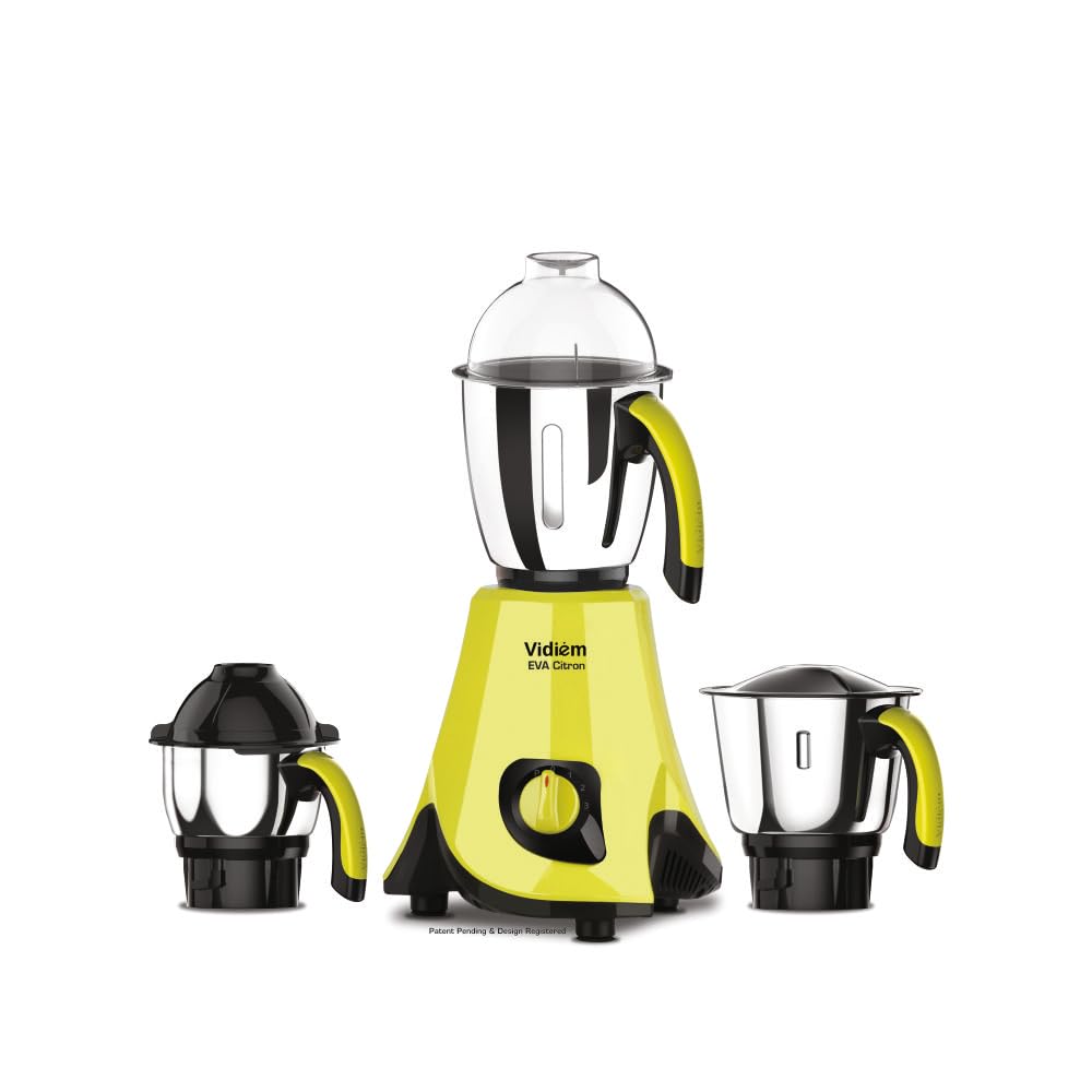 Vidiem Eva Citron Mixer Grinder 650W With 3 Jars (1.5L, 0.75L, 0.4L) | Aria Cool Tec Motor | Self-Locking Jars | Dynamically Bal