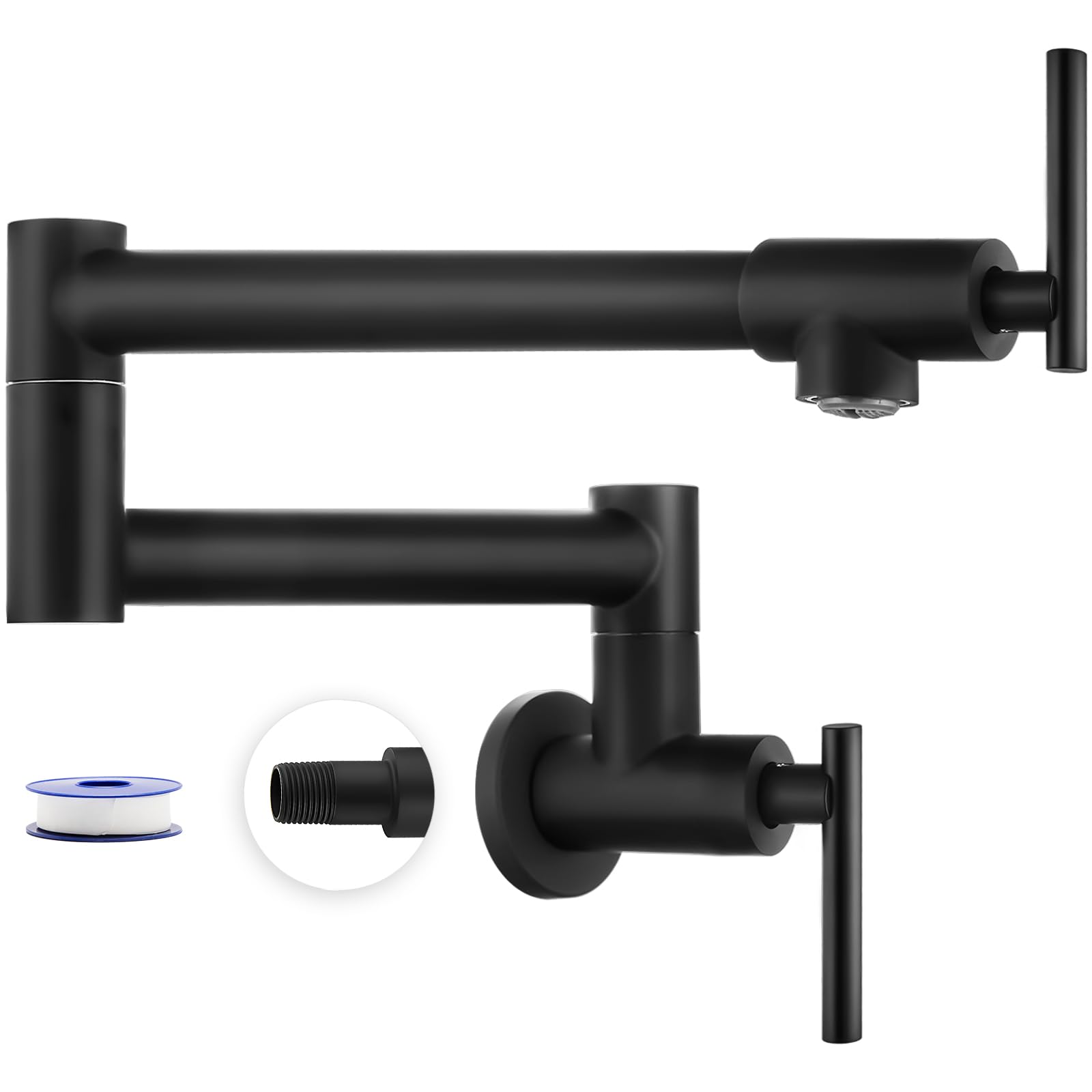 Heyalan 19'' Matte Black Stainless Steel SUS304 Pot Filler Faucet Wall Mounted Double Joint Swing Folding Arms with Two Handles Single Hole Commercial Kitchen Faucet to Control Water Stovetop