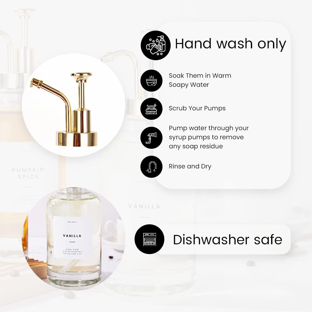 Molimoli Syrup Dispenser For Coffee Bars, Glass Syrup Bottle W. Pump, 16.9 Oz 500 Ml, Set Of 2, Gold Upgraded Dispenser