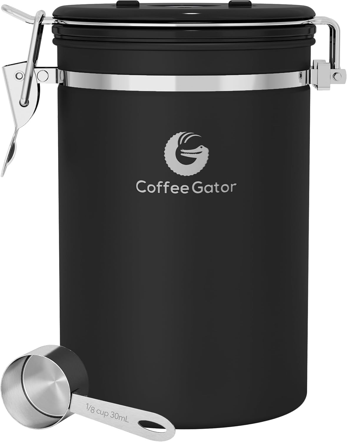 Coffee Gator Stainless Steel Canister - Large 22oz  Black Coffee Grounds and Beans Container with Date-Tracker  CO2-Release Valve  and Measuring Scoop - Ideal Coffee Lovers Gifts for Her