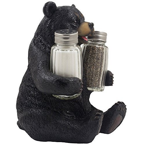 Decorative Black Bear Glass Salt And Pepper Shaker Set With Holder Figurine Sculpture For Rustic Lodge And Cabin Kitchen Table D