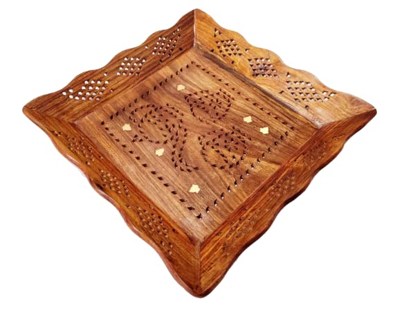 Geetastik Handcrafted Decorative Square Wooden Serving Tray For Dinning And Serving, Handmade Sheesham Wooden Serving Tray, Tabl