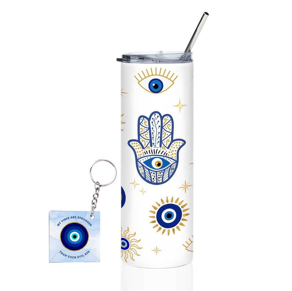 Harshhasthkala Evil Eye Hamsa Hand Printed Tumbler 600Ml With Stainless Steel Straw And Transparent Lid | Blue Nazar Design With
