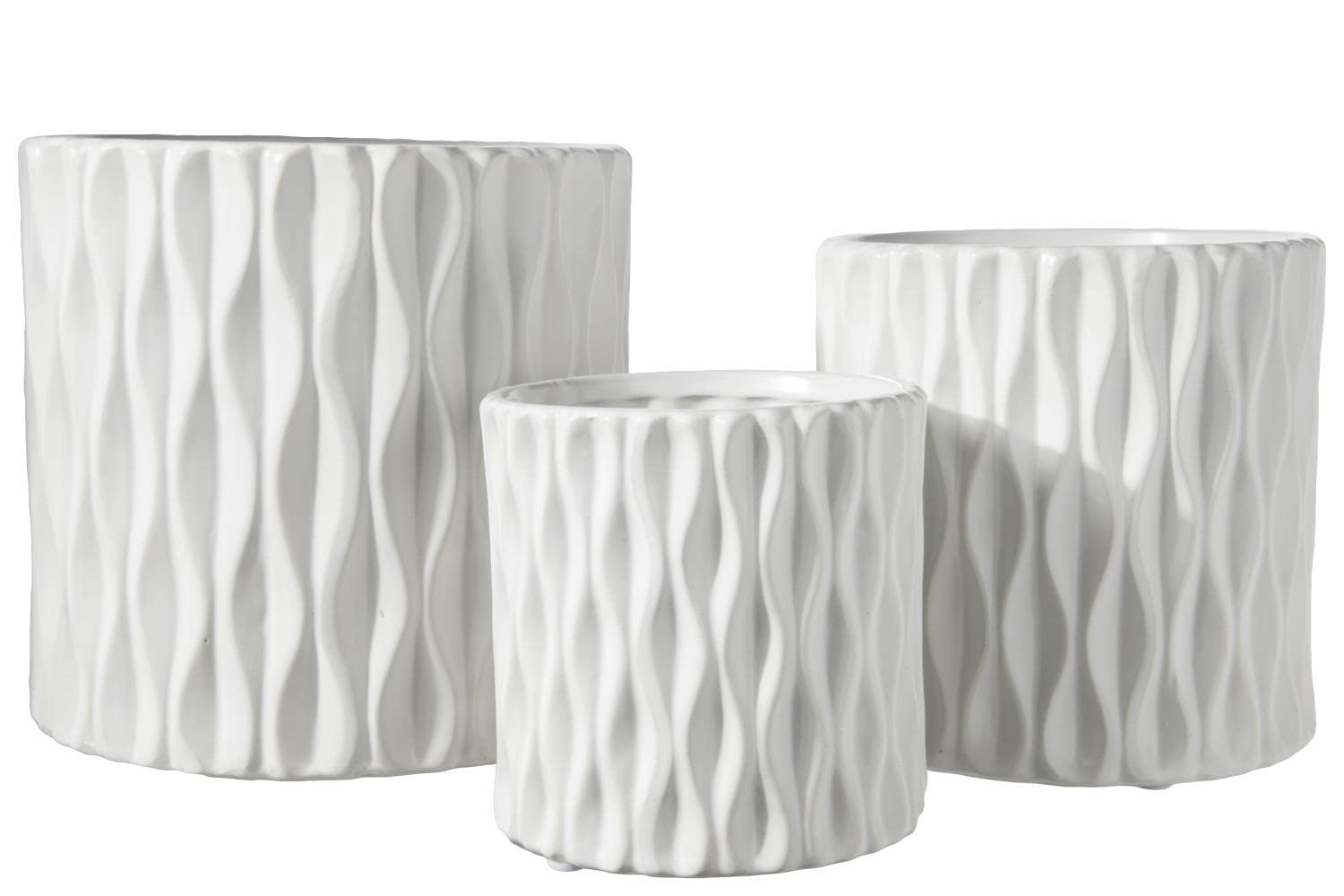 Ceramic Cylindrical Pot wth Wide Mouth and Embossed Wave Design Body Set of Three Matte Finish White