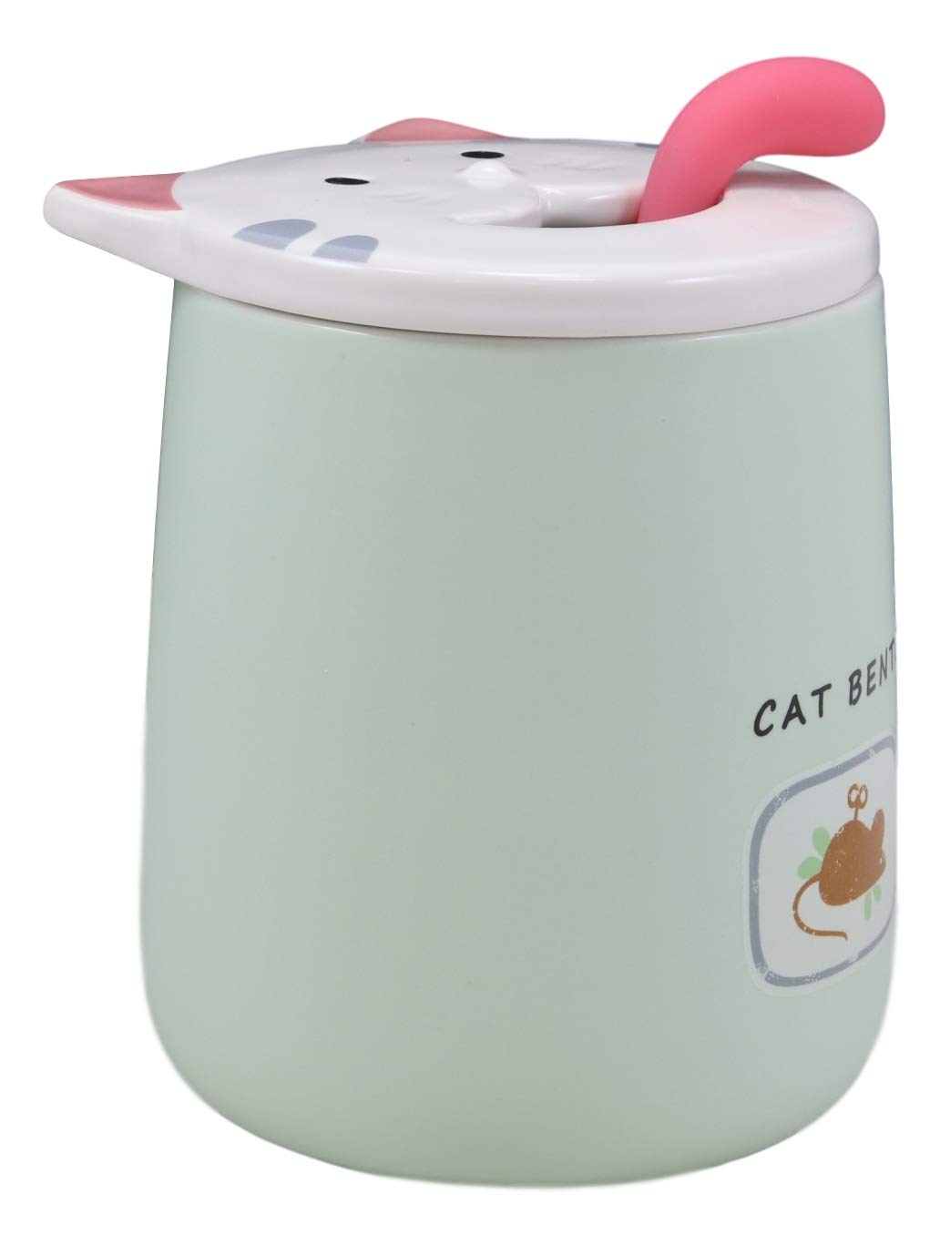Ebros Whimsical Kitty Cat Bento Porcelain Coffee Tea Mug Drink Cup With Tongue Shaped Handle Spoon And Smiling Face Lid 14oz Kit