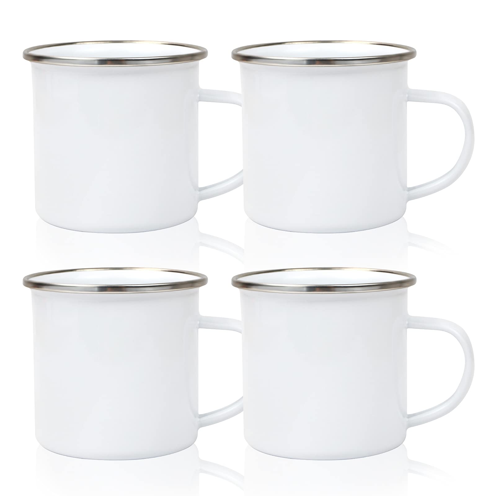 MAIKESUB 4 Pcs Sublimation Blank White Enamel Mug 12 OZ with Silver Rim Camping Travel Coffee Metal Mug Can be used as a gift fo