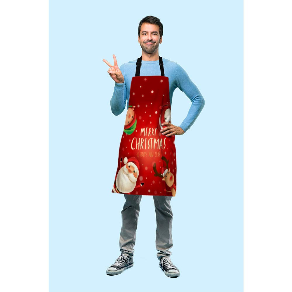 Beabes Santa Claus Snowman Reindeer Elf Snow Scene Kitchen Bib Apron Merry Christmas Cheerful Theme Polyester Adjustable Apron F