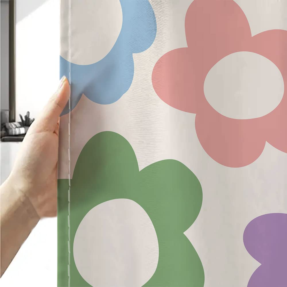 Sanzugh Cute Pastel Flower Shower Curtain, Boho Retro Floral 70S Aesthetic Fabric Shower Curtains Set For Girls Kids Bathroom Gr