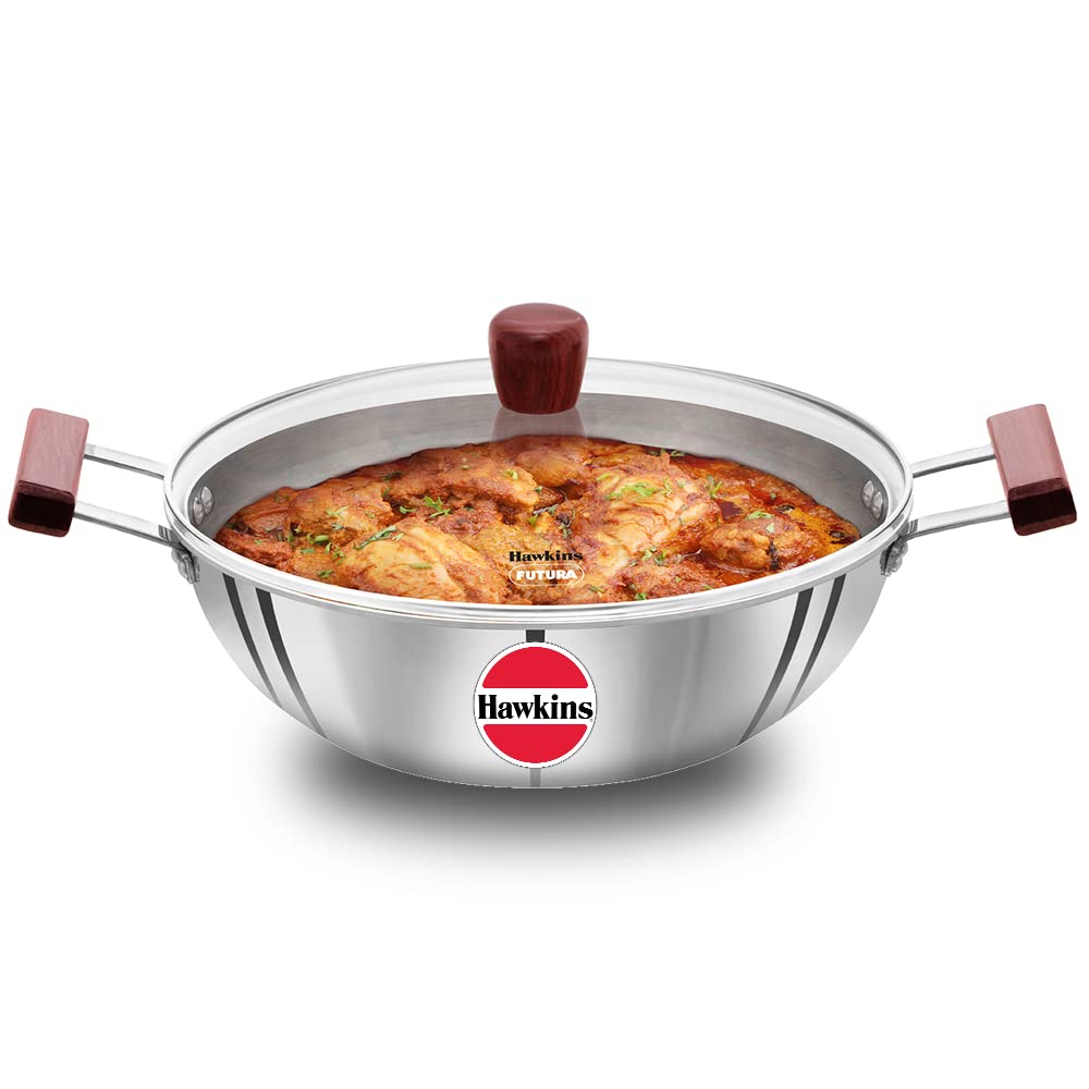 Hawkins 5 litre Deep Kadhai, Triply Stainless Steel Kadai with Glass Lid, Flat Bottom Induction Deep Kadhai, Big Kadai, Silver (