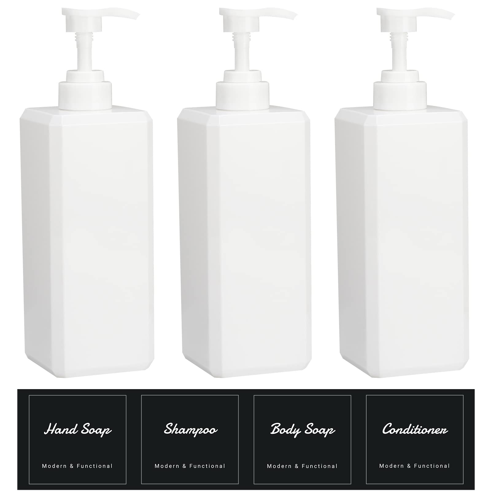 Suream Shampoo And Conditioner Dispenser Set - 27Oz Plastic Empty Bottle With 4Pcs Lables, Reusable Countertop Soap Organizer Fo