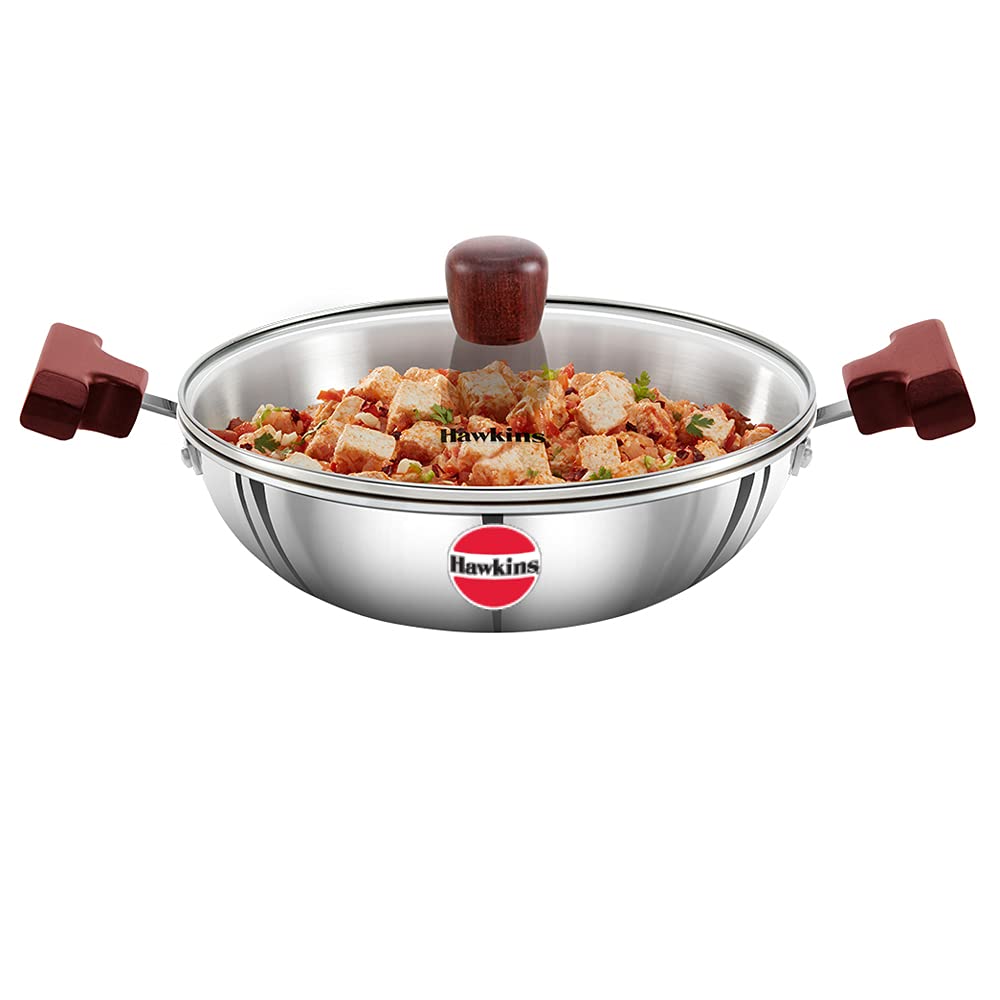 HAWKINS 1.5 Litre Deep Fry Pan, Triply Stainless Steel Kadai with Glass Lid, Flat Bottom Induction Kadhai, Small Kadai, Silver (