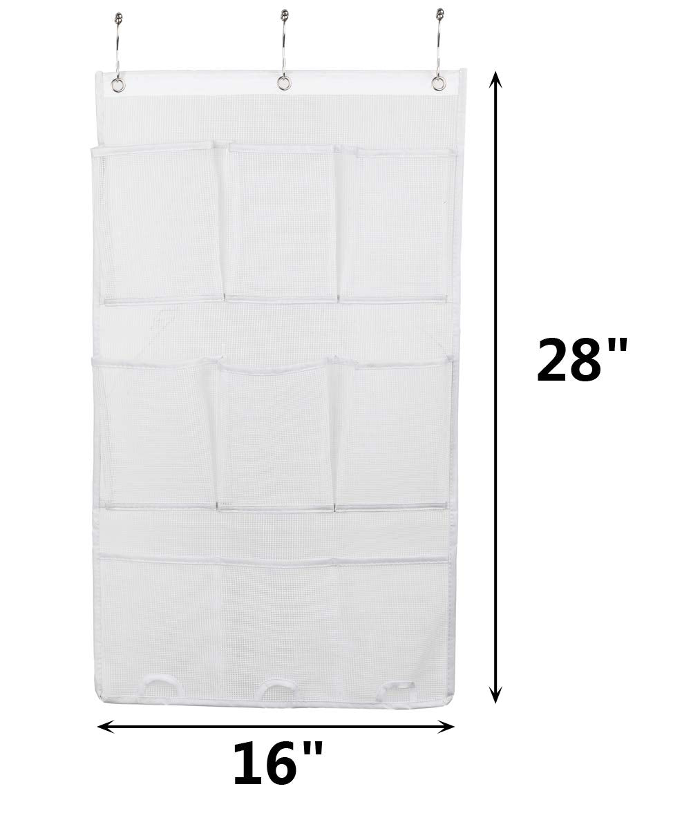 Alyer 9 Pockets Big Mesh Shower Caddy Hanging Bathroom Storage Organizer With 3 Rings (White)