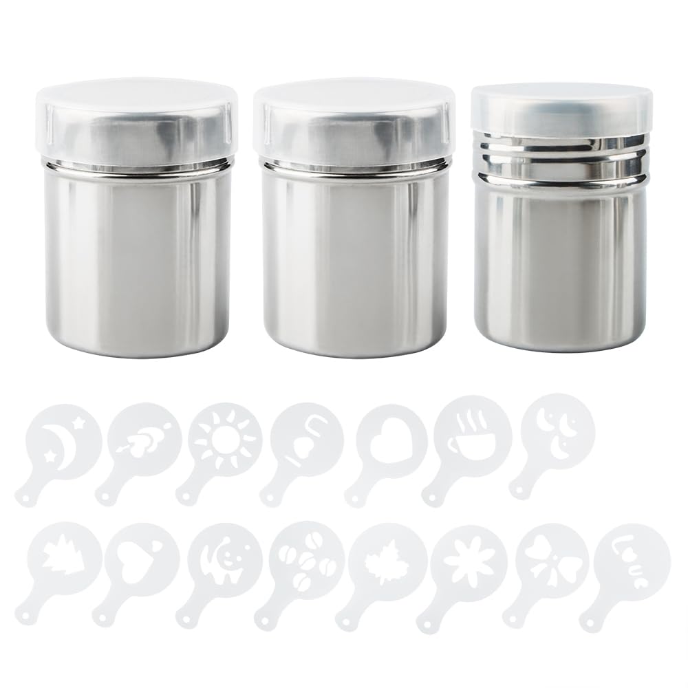 Aifuda 3 Pack Stainless Steel Powder Shaker With 16 Pcs Printing Molds Stencils, Powder Cans With Mesh For Coffee Cappuccino Lat