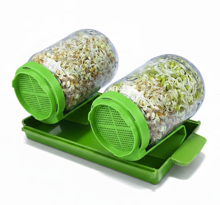Rellon Sprout Maker Glass Jar Seed Sprouting Kit, 2 Large Wide Mouth Mason Jars With Sprout Lids, Drain Tray, Sprouts Growing Ki