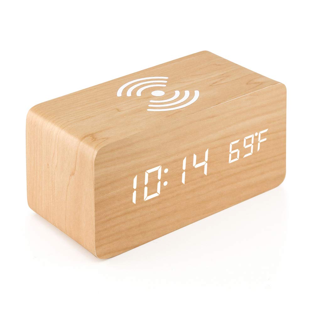OCT17 Alarm Clock with Qi Wireless Charging Pad Compatible with iPhone Samsung Wood LED Digital Clock Sound Control Function, Ti